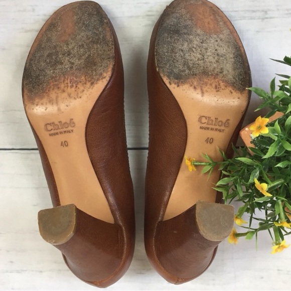 Chloe Leather Peep Toe Brown Heels - Picture 6 of 8